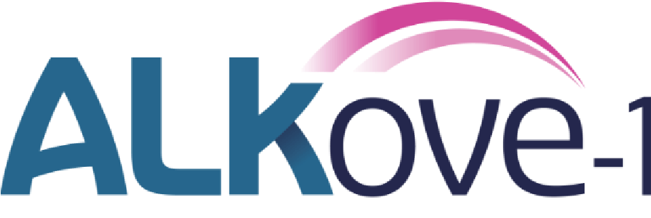 a blue and pink alkove logo on a black background | ALKOVE-1