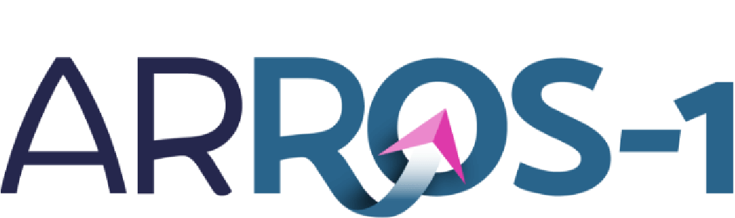 a logo for arrosh 1 with a pink arrow pointing up | ARROS-1