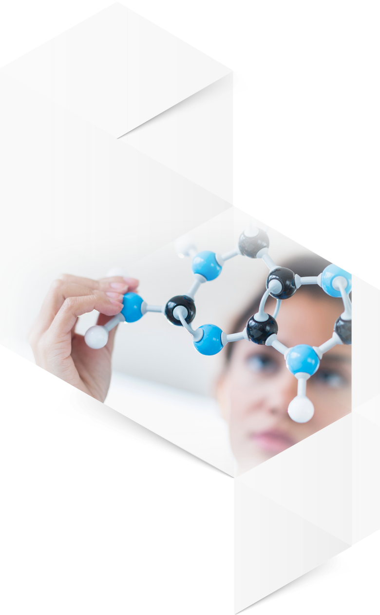 Woman holding up a plastic model of a molecule